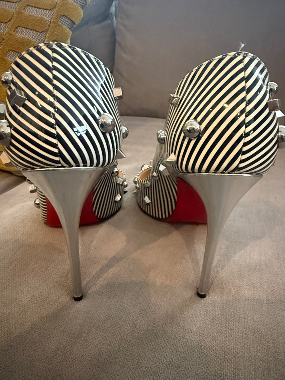 Christian Louboutin Black & White Striped Studded Pigalle Pumps - Picture 3 of 6